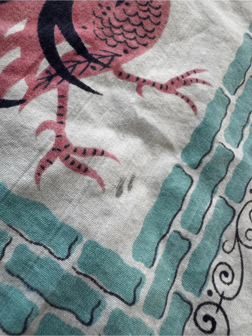 Vintage charming mid-century tablecloth featuring a rooster design with border